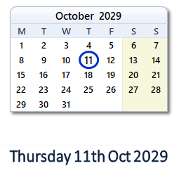 11 October 2029 calendar