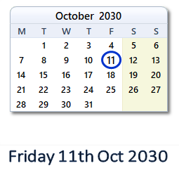 11 October 2030 calendar