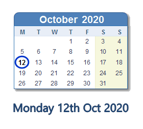 12 October 2020 calendar