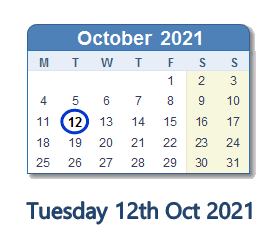 12 October 2021 calendar