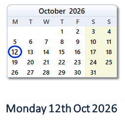 12 October 2026 calendar