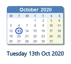 13 October 2020 calendar