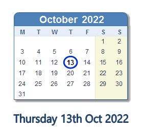 13 October 2022 calendar