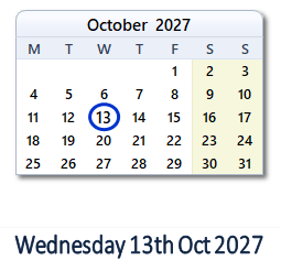 13 October 2027 calendar