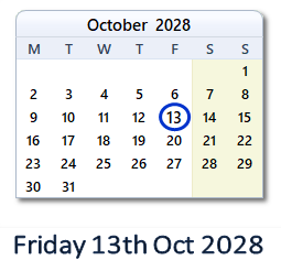 13 October 2028 calendar