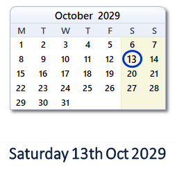 13 October 2029 calendar
