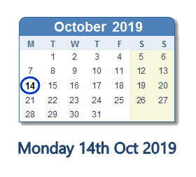 14 October 2019 calendar