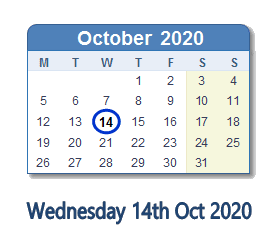 14 October 2020 calendar