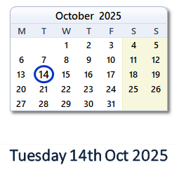 14 October 2025 calendar