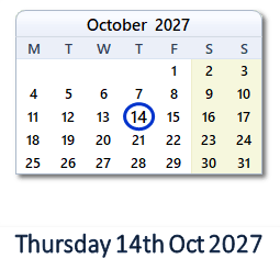 14 October 2027 calendar