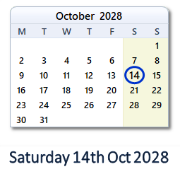 14 October 2028 calendar
