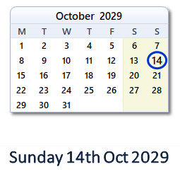 14 October 2029 calendar