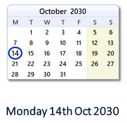 14 October 2030 calendar