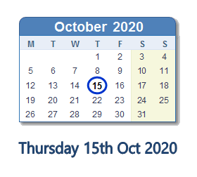 15 October 2020 calendar