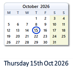 15 October 2026 calendar