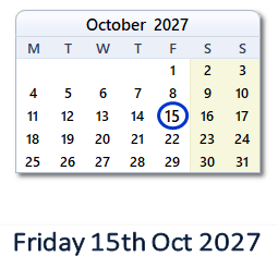 15 October 2027 calendar