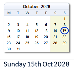15 October 2028 calendar