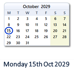 15 October 2029 calendar