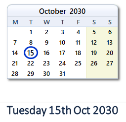 15 October 2030 calendar