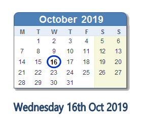 16 October 2019 calendar