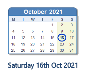 16 October 2021 calendar