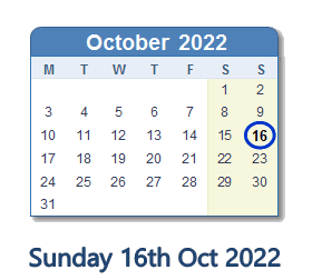 16 October 2022 calendar