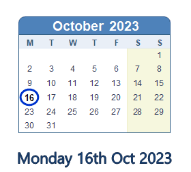 16 October 2023 calendar