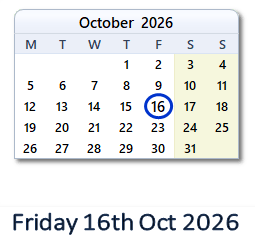 16 October 2026 calendar