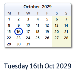 16 October 2029 calendar