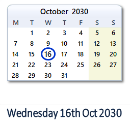 16 October 2030 calendar