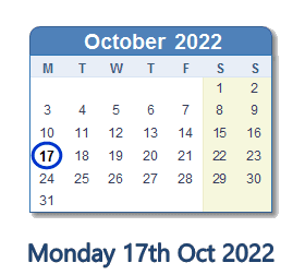 17 October 2022 calendar