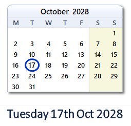 17 October 2028 calendar