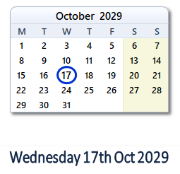 17 October 2029 calendar