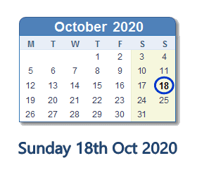 18 October 2020 calendar
