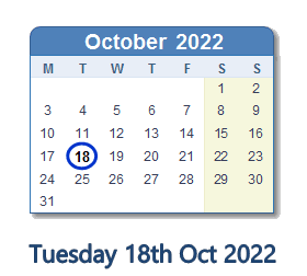 18 October 2022 calendar