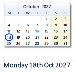 18 October 2027 calendar