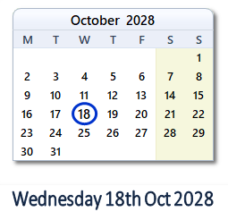 18 October 2028 calendar