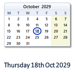 18 October 2029 calendar