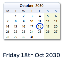 18 October 2030 calendar