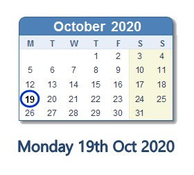 19 October 2020 calendar