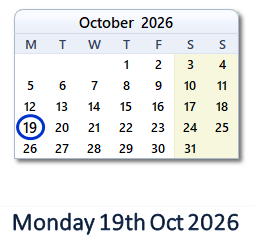 19 October 2026 calendar
