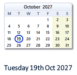19 October 2027 calendar