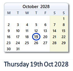 19 October 2028 calendar