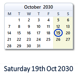19 October 2030 calendar