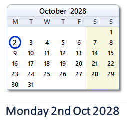 2 October 2028 calendar