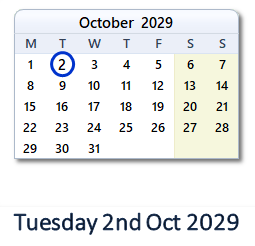2 October 2029 calendar
