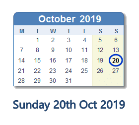 20 October 2019 calendar