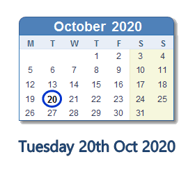 20 October 2020 calendar