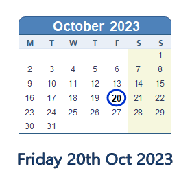 20 October 2023 calendar