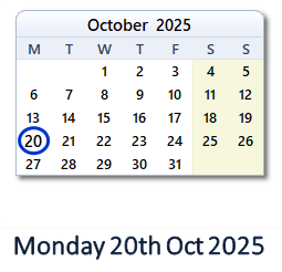20 October 2025 calendar